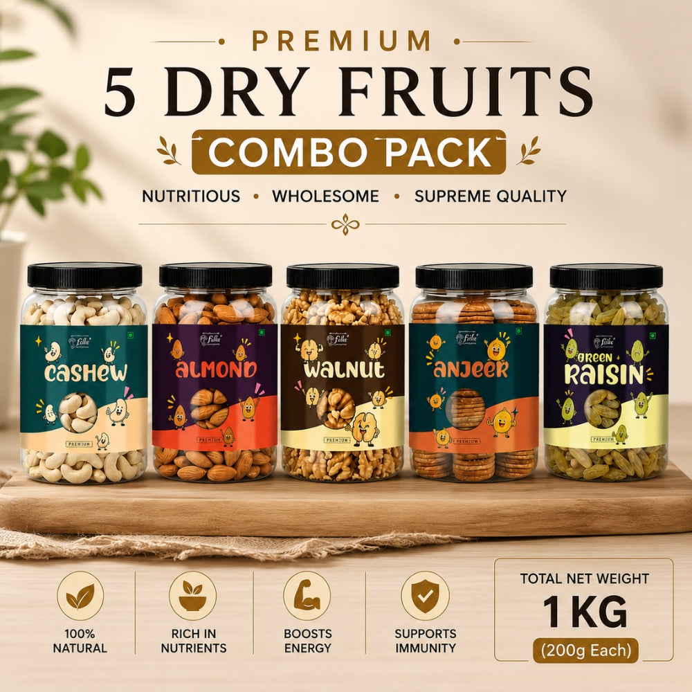 5 Dry Fruits Combo Pack (200g Each) – Cashew, Almonds, Walnuts, Anjeer & Raisins | Premium Healthy Mix