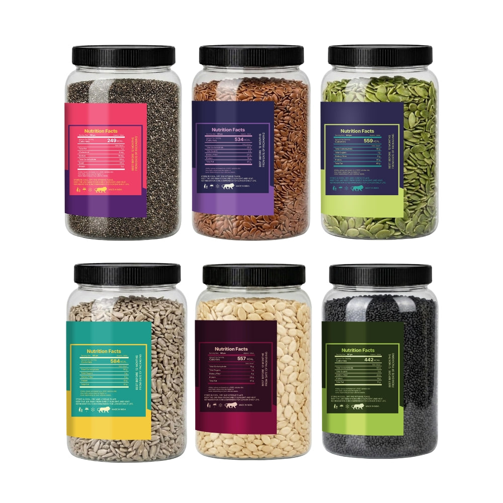6 Premium Seeds Combo (200g Each) | Chia, Flax, Pumpkin, Sunflower, Watermelon & Basil Seeds | Total 1.2kg