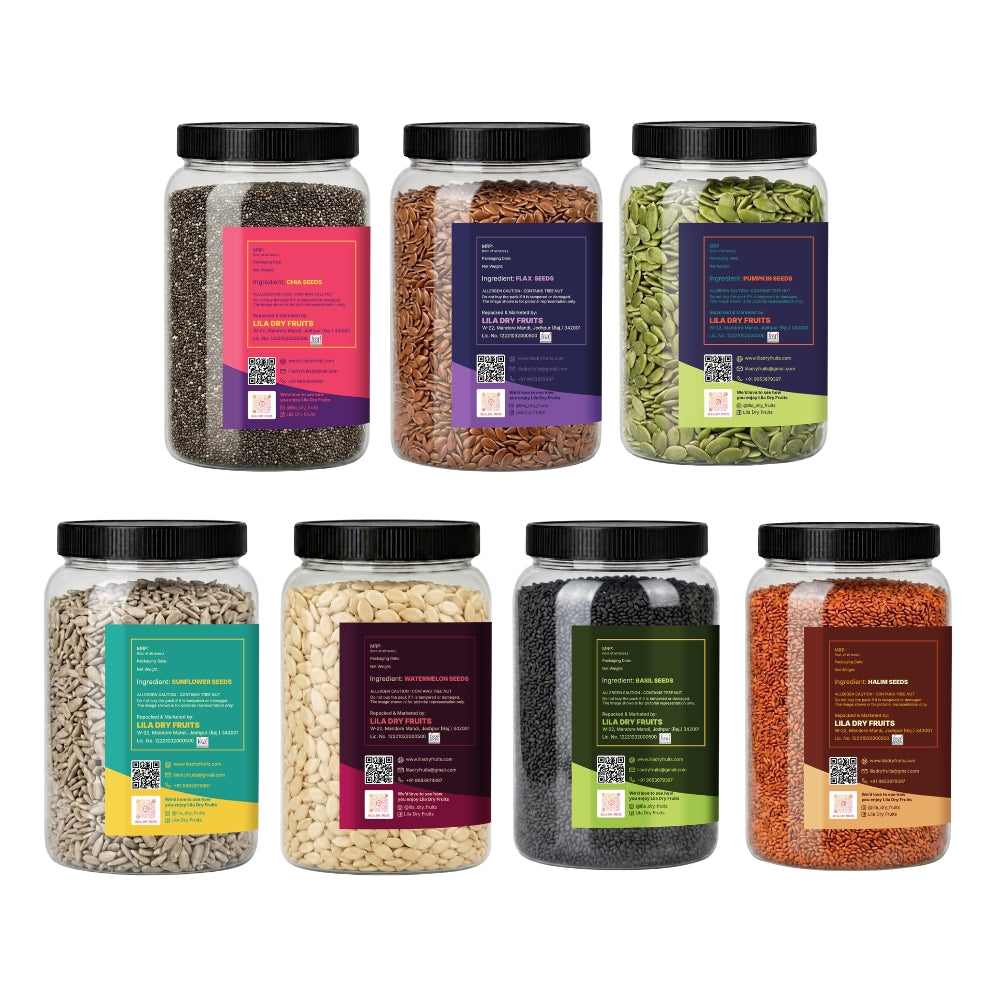 Premium 7 Seeds Mix (200g Each) – Chia, Flax, Pumpkin, Sunflower, Watermelon, Basil & Halim Seeds