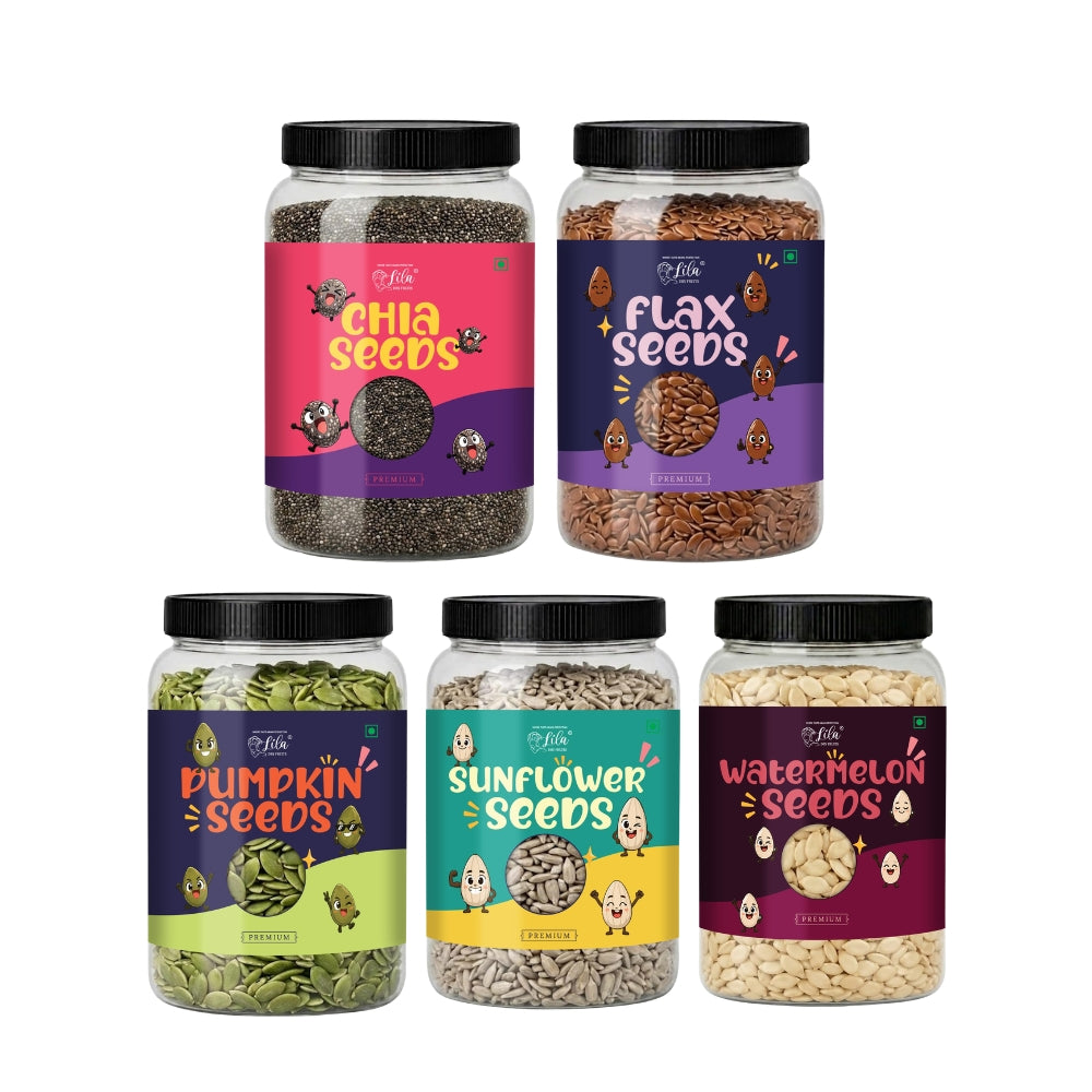 Premium 5 Seeds Combo Pack – Chia, Flax, Pumpkin, Sunflower & Watermelon Seeds (200g Each) | Total 1kg