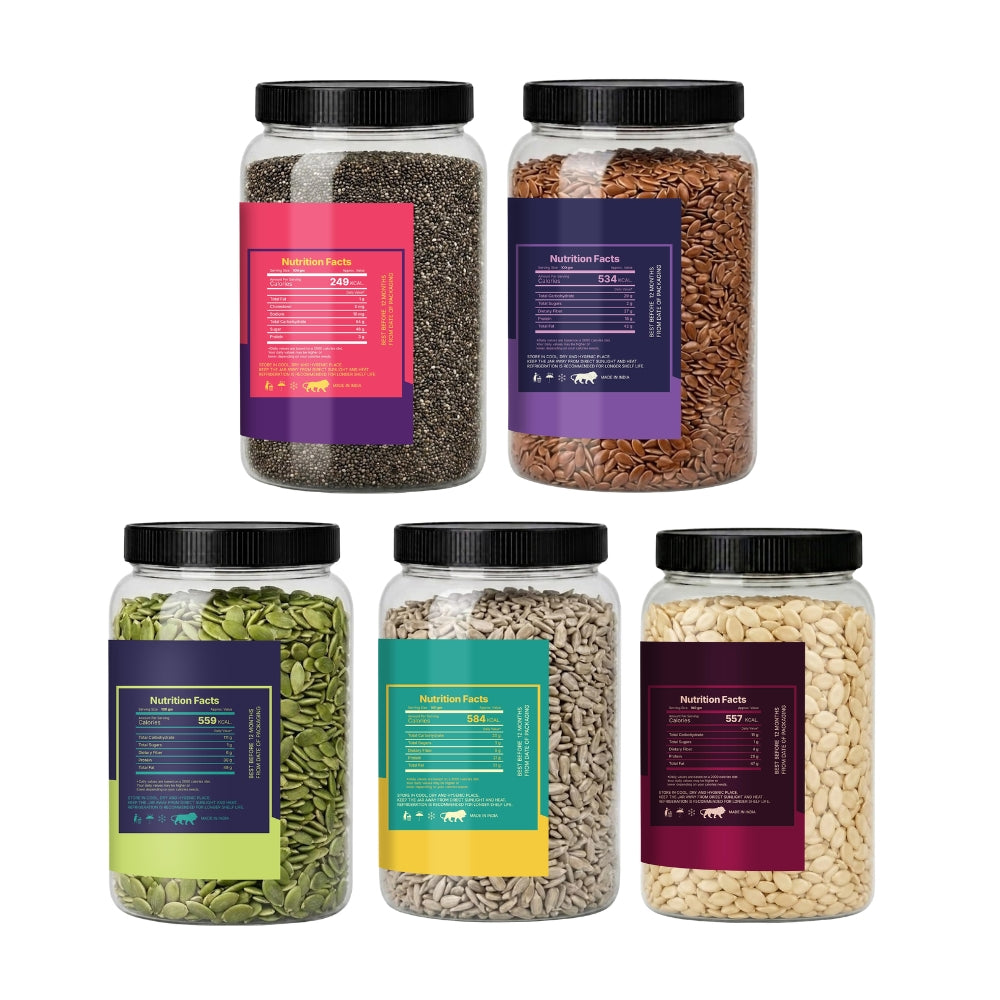 Premium 5 Seeds Combo Pack – Chia, Flax, Pumpkin, Sunflower & Watermelon Seeds (200g Each) | Total 1kg