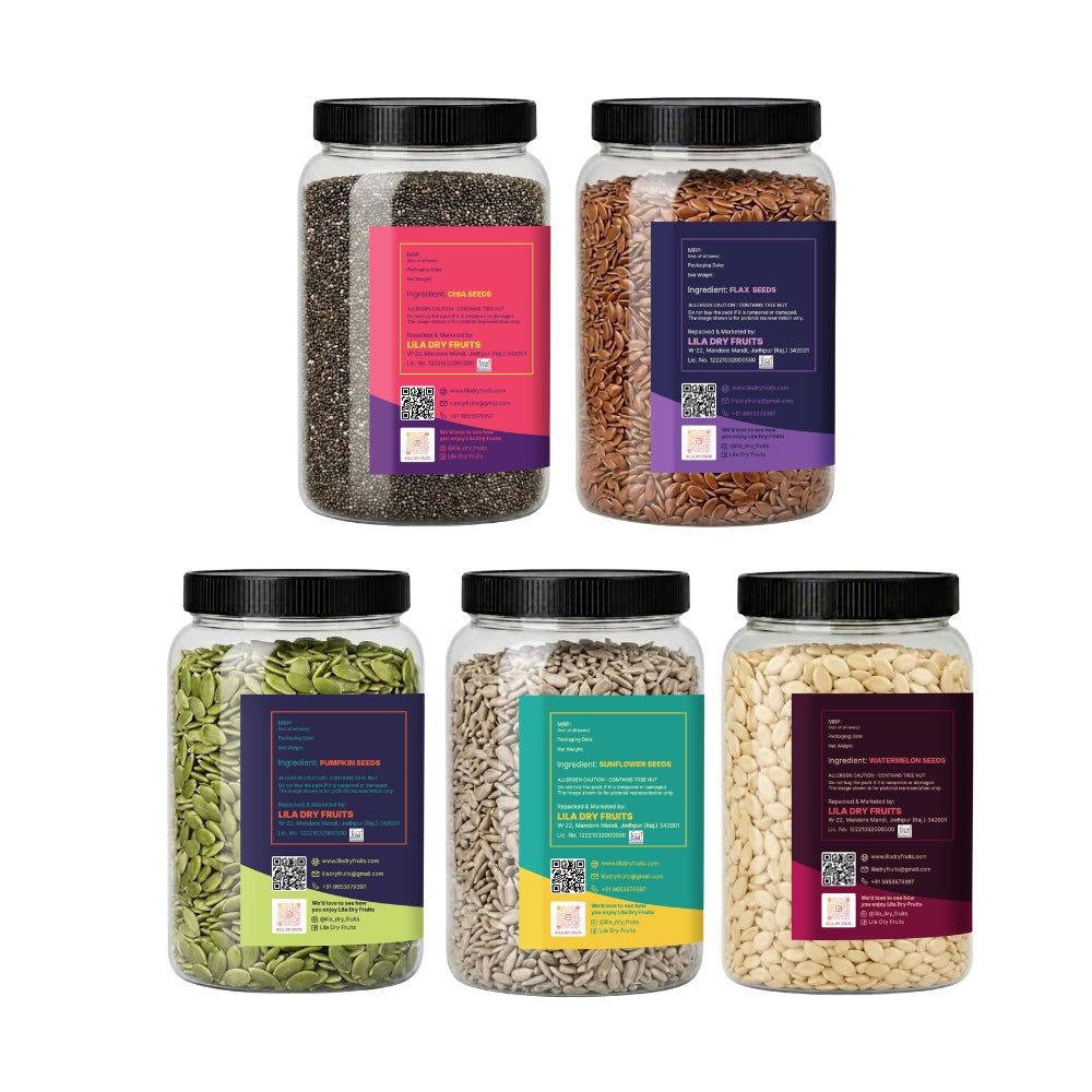 Premium 5 Seeds Combo Pack – Chia, Flax, Pumpkin, Sunflower & Watermelon Seeds (200g Each) | Total 1kg